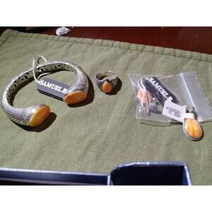 Samuel B Orange Spiny Oyster Silver 925 Bracelet, Ring 7 & Earring Set NIB